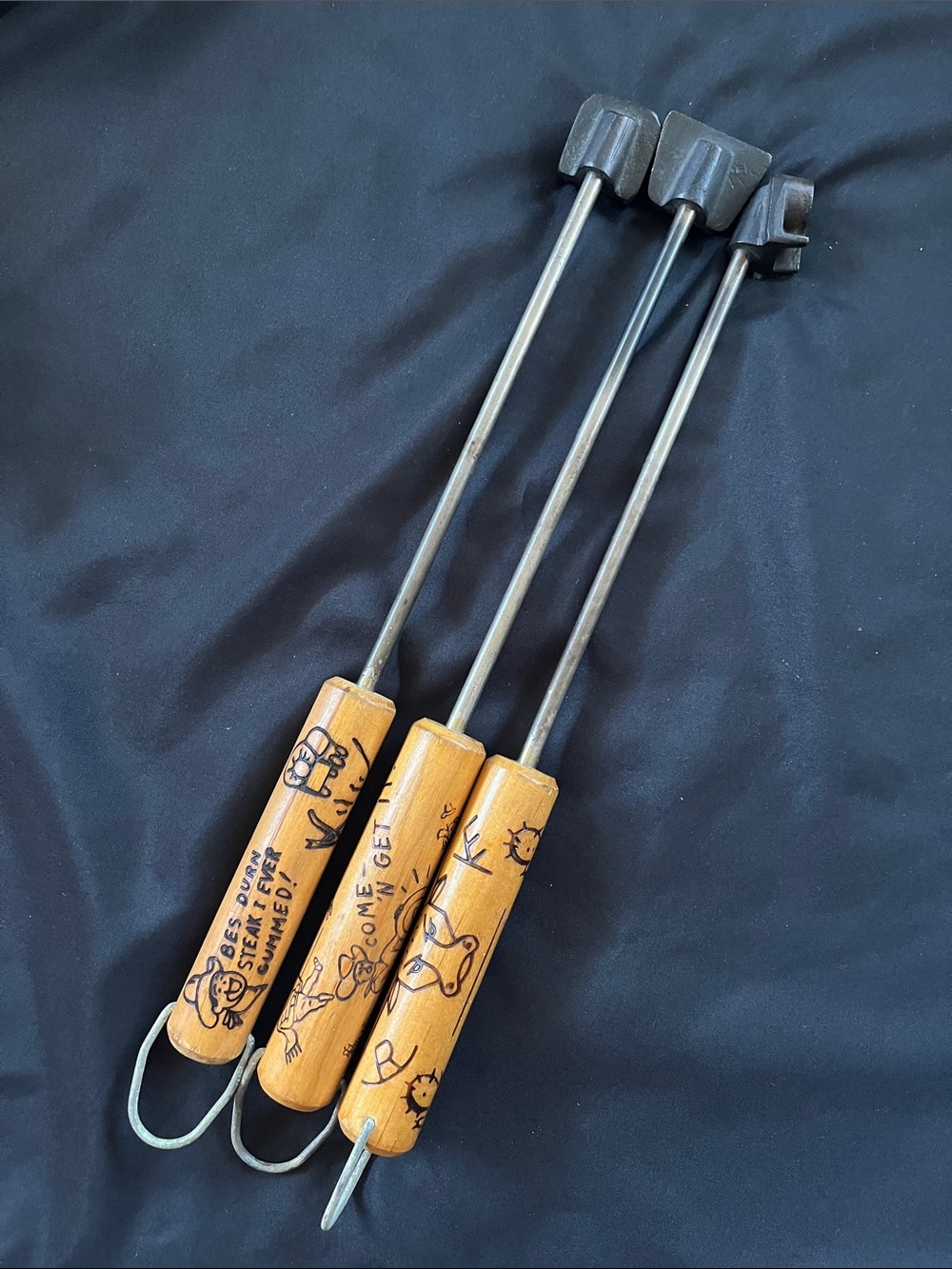 3 Vtg Western Cowboy Steak Branding Irons M,W,R Cowboy Wood Burnt Handles BBQ